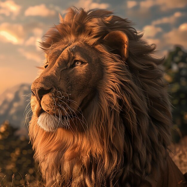Foto renderizzata in 3D di un leone con sfondo naturale