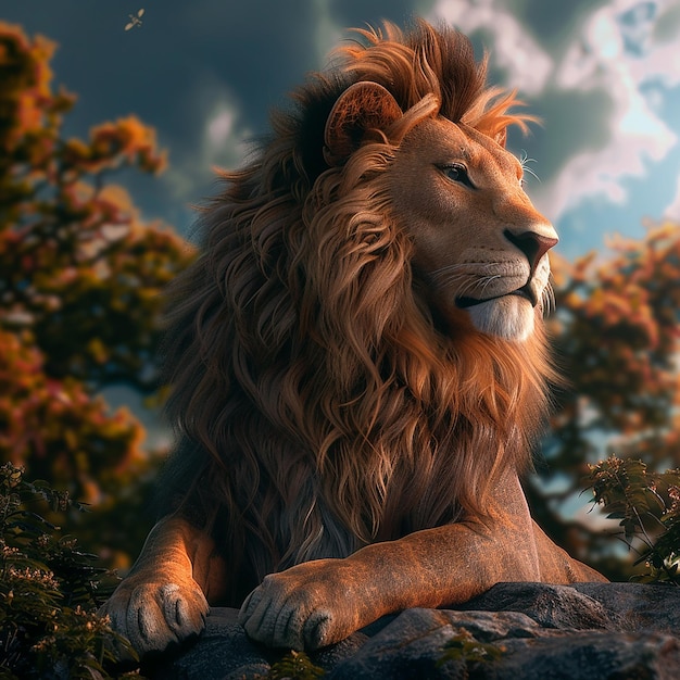 Foto renderizzata in 3D di un leone con sfondo naturale