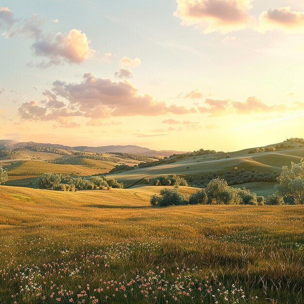 Foto renderizzata in 3D di una campagna tranquilla con colline ondulate luce dell'ora d'oro