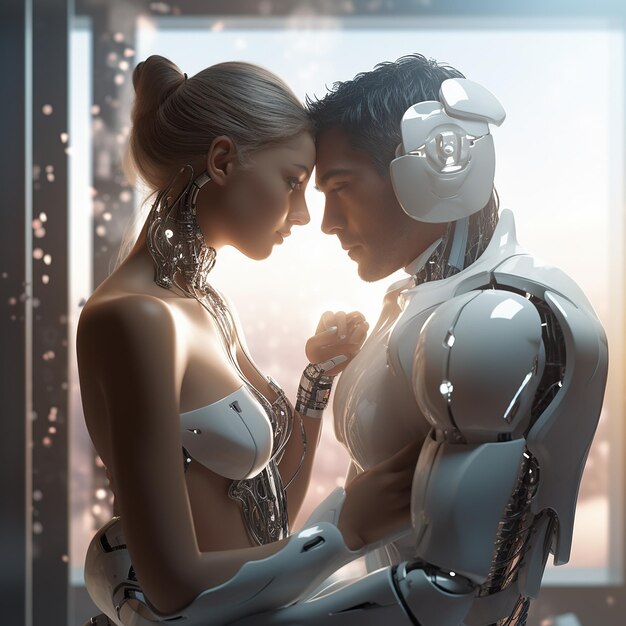Foto renderizzata in 3D di una coppia romantica futuristica.