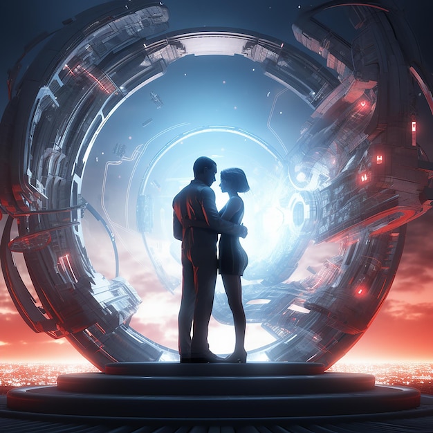 Foto renderizzata in 3D di una coppia romantica futuristica.