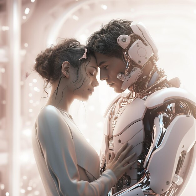 Foto renderizzata in 3D di una coppia romantica futuristica.