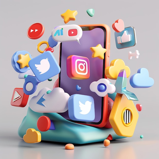 Foto renderizzate in 3D del concetto di marketing sui social media per il marketing 8k risultato