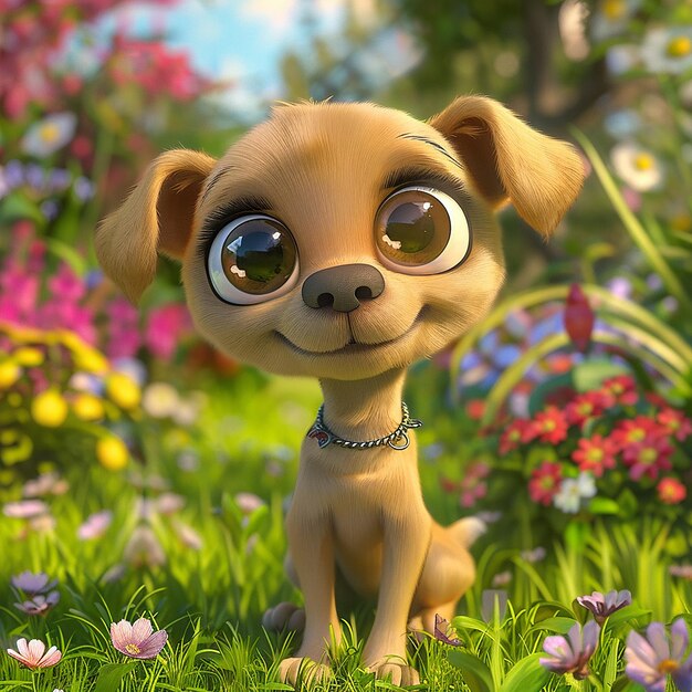 Foto renderizzate in 3D dell'animazione dei cartoni animati di un cane in un giardino colorato per bambini