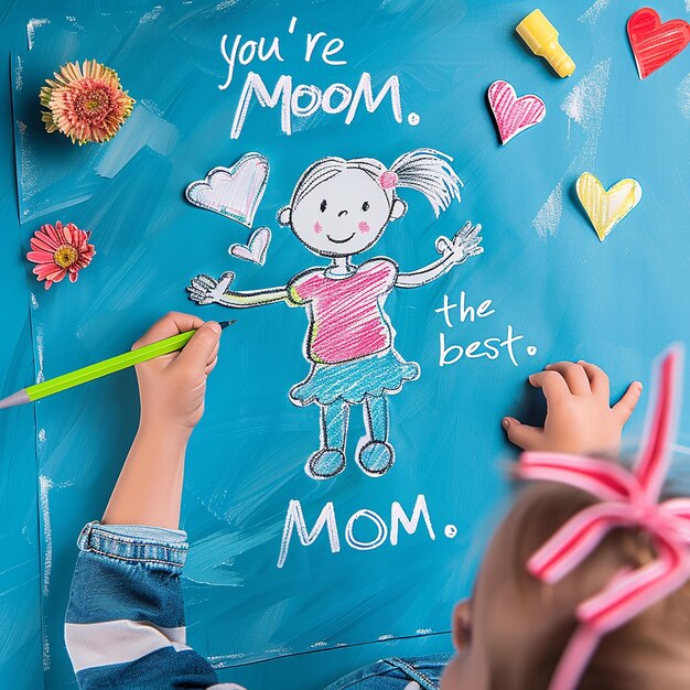 Foto renderizzate in 3D di bambini che scrivono a mano sei la migliore mamma un carino disegno a mano di madre e figlio