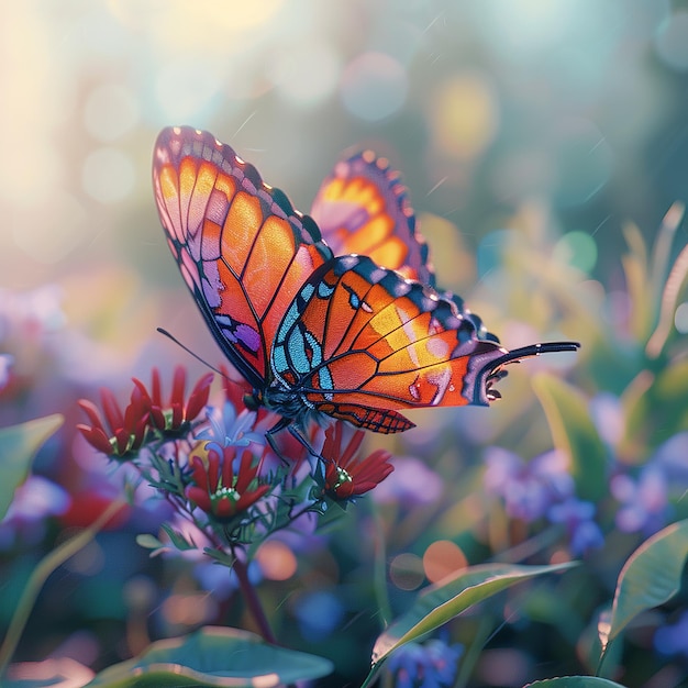 Foto renderizzate in 3D di farfalle colorate su fiori vista ravvicinata Nikon D850 105mm f 18 cinematografica