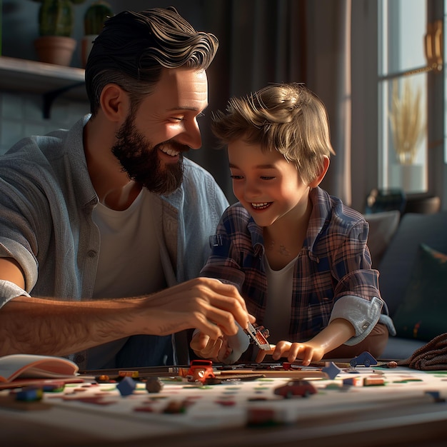 Foto renderizzate in 3D di un padre felice che gioca con il suo bambino in un ambiente di faccia felice iper-realista