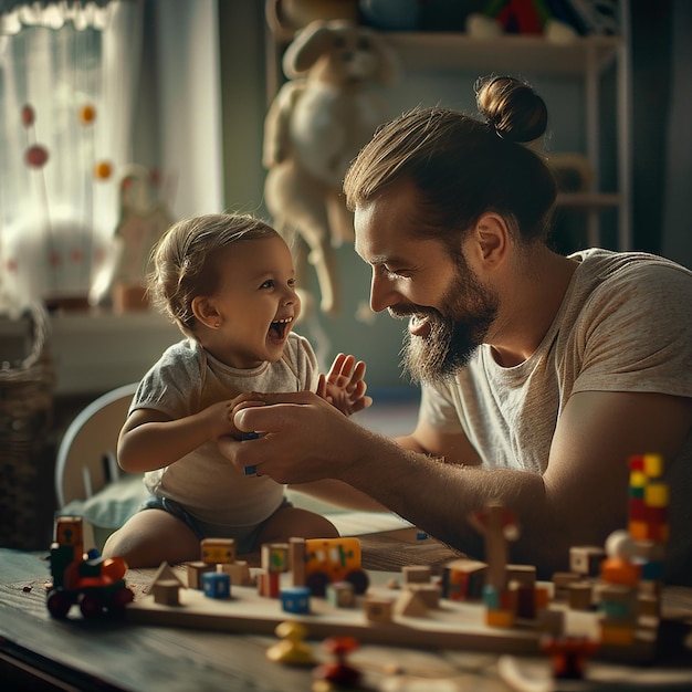 Foto renderizzate in 3D di un padre felice che gioca con il suo bambino in un ambiente di faccia felice iper-realista