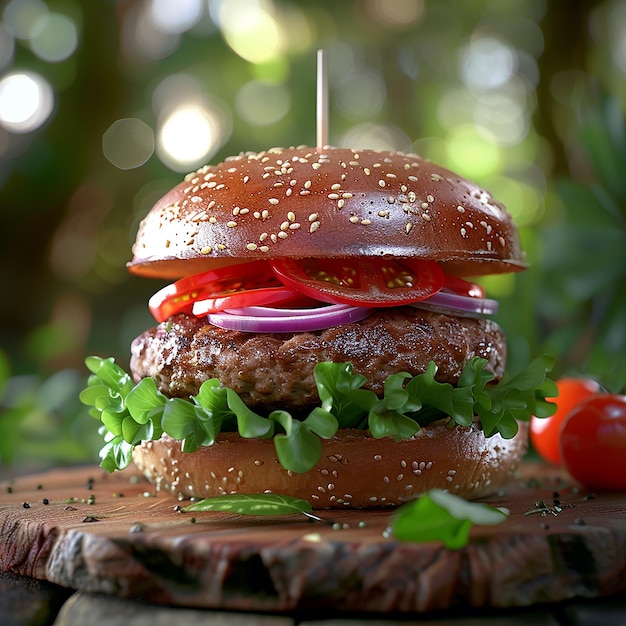 Foto renderizzate in 3D di un piatto di hamburger con carne di manzo, pomodori, cipolla, cavolo, vista ravvicinata