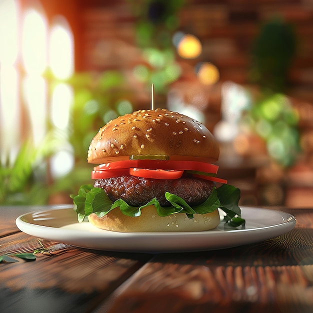 Foto renderizzate in 3D di un piatto di hamburger con carne di manzo, pomodori, cipolla, cavolo, vista ravvicinata