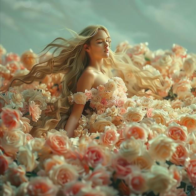 Foto renderizzate in 3D di una bella donna che indossa un vestito fatto di fiori foto macro sfondo solido
