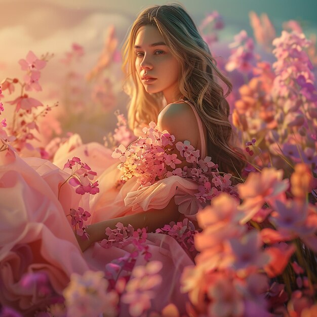 Foto renderizzate in 3D di una bella donna che indossa un vestito fatto di fiori foto macro sfondo solido