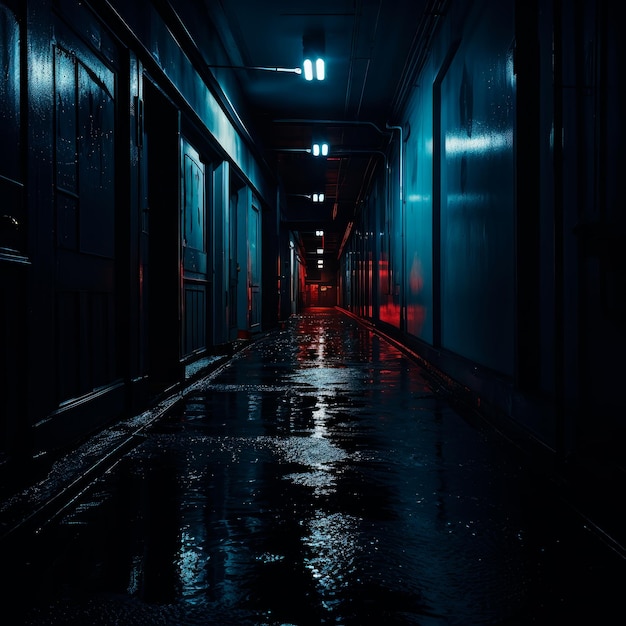 Foto retroilluminata di un corridoio buio in un giorno di pioggia