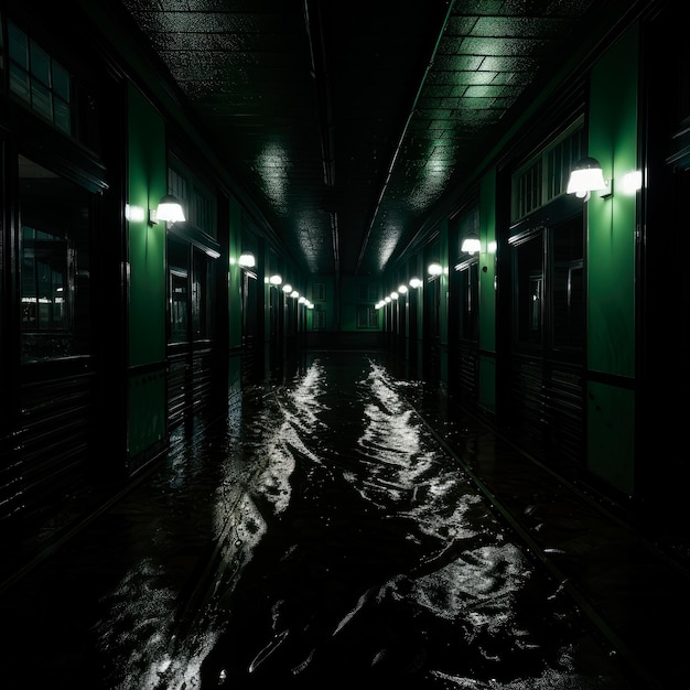 Foto retroilluminata di un corridoio buio in un giorno di pioggia