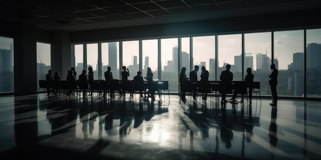 Foto retroilluminata di uomini d'affari nella sala conferenze in piedi seduta finestra città
