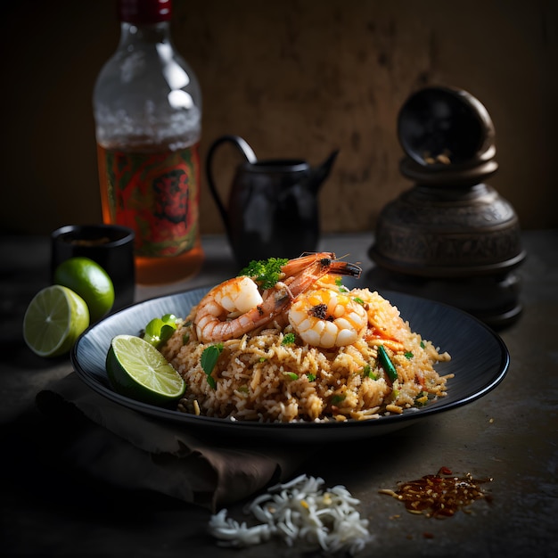 foto riso fritto di gamberi americani servito con salsa di pesce al peperoncino fotografia di cibo tailandese