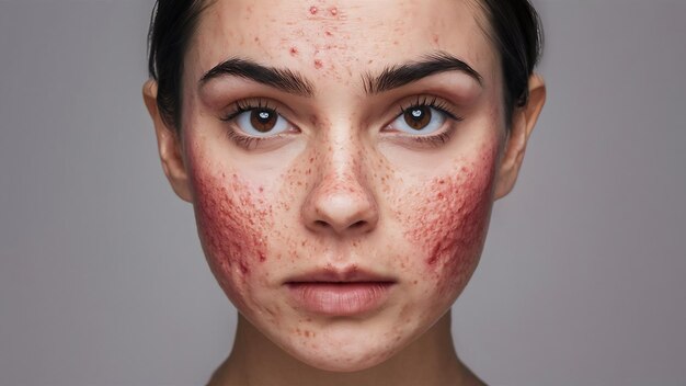 Foto ritagliata del viso di una giovane donna con pelle acne in cerchio di zoom, brufoli, cicatrici rosse, eruzioni sulle guance