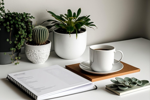 Foto ritagliata della scrivania bianca con mockup posto di lavoro scrivania copia spazio libri pianta e caffè