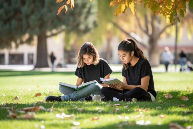 Foto ritagliata di due studenti che studiano sul prato del campus creata con l'AI generativa
