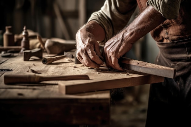 Foto ritagliata di un falegname che lavora al suo banco di lavoro creato con l'AI generativa