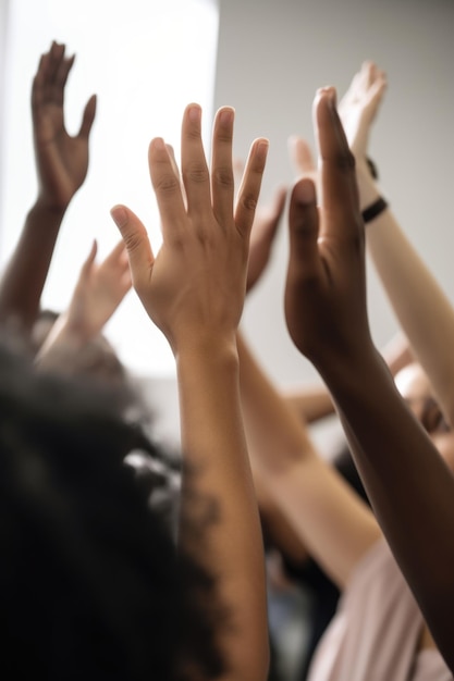 Foto ritagliata di un gruppo di persone che parlano con le mani alzate