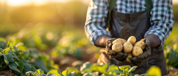 Foto ritagliata di un lavoratore del giardino con la camicia a scacchiere che tiene le patate