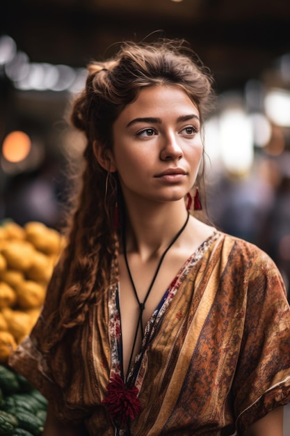 Foto ritagliata di una bella giovane donna in un mercato creato con l'AI generativa