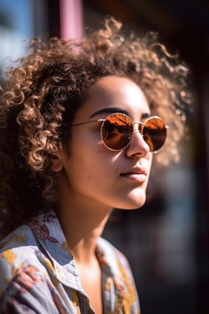 Foto ritagliata di una giovane donna che indossa occhiali da sole creati con l'AI generativa