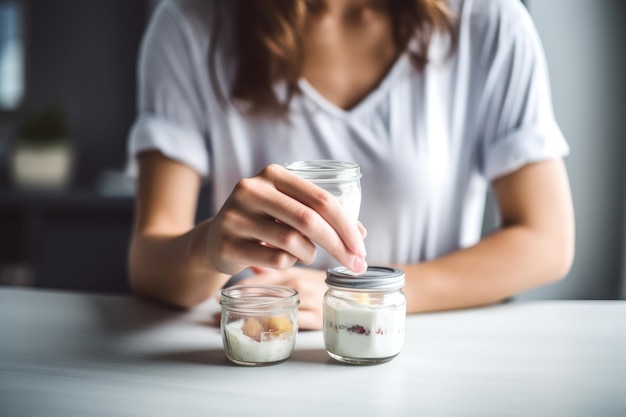 Foto ritagliata di una giovane donna che mangia yogurt da un barattolo di vetro a casa creata con l'AI generativa