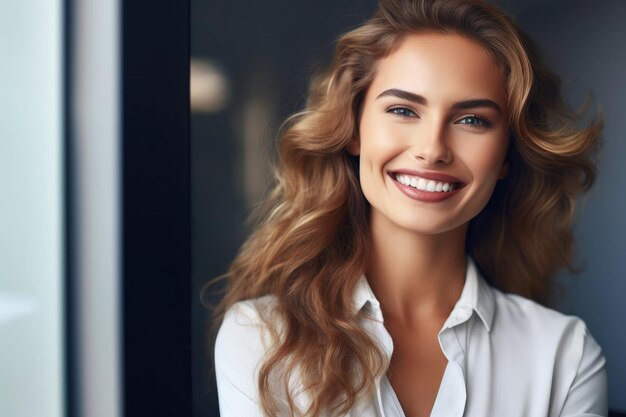 Foto ritagliata di una giovane donna d'affari che sorride con fiducia nell'ufficio creato con l'AI generativa