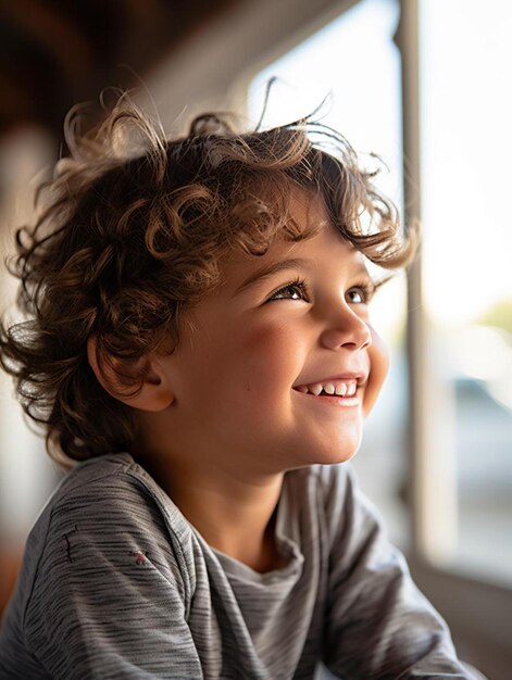 Foto ritratto di bambino belga maschio con capelli ricci sorridente