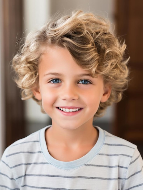 Foto ritratto di bambino svizzero maschio capelli ricci sorridente