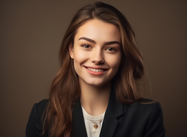 Foto ritratto di giovane donna sicura di sorriso sul colore di sfondo