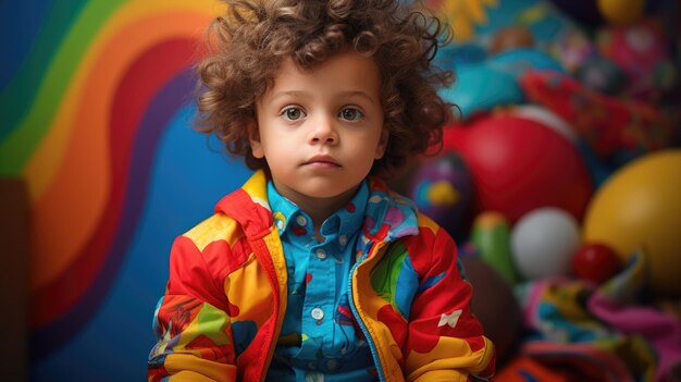 Foto ritratto di un ragazzo di 3 anni con vestiti colorati sullo sfondo