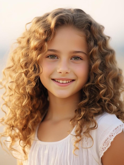 Foto ritratto di una bambina giapponese con capelli ricci sorridenti