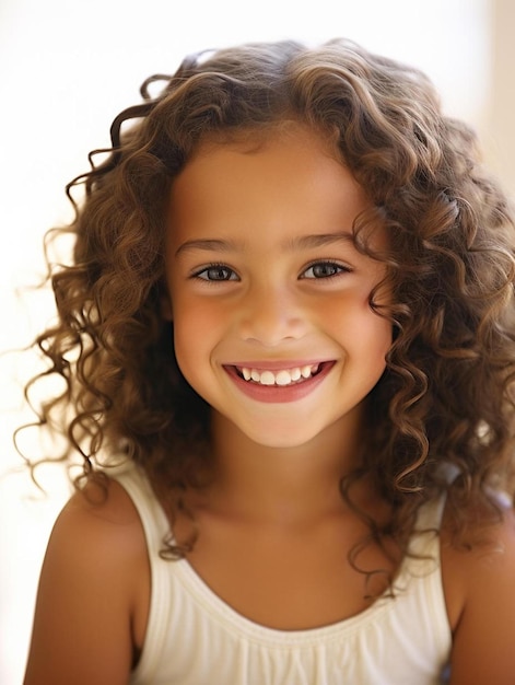 Foto ritratto di una bambina peruviana con capelli ondulati femminili che sorride