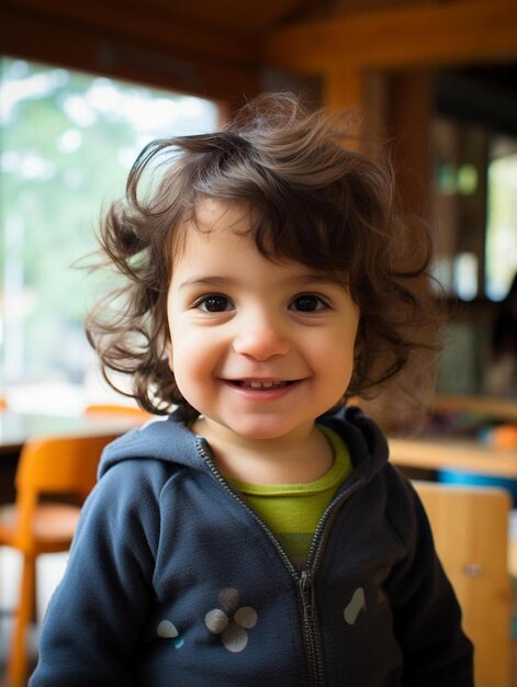 Foto ritratto di una bambina spagnola con i capelli lisci che sorride