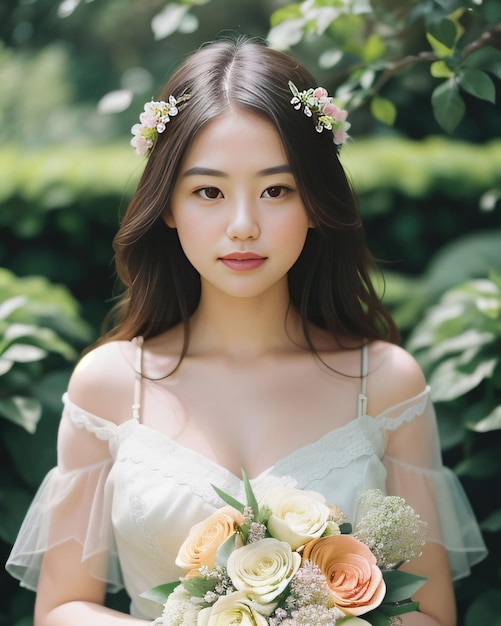 Foto ritratto di una giovane donna bella asiatica con un bouquet di fiori