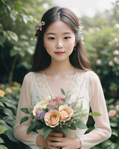 Foto ritratto di una giovane donna bella asiatica con un bouquet di fiori