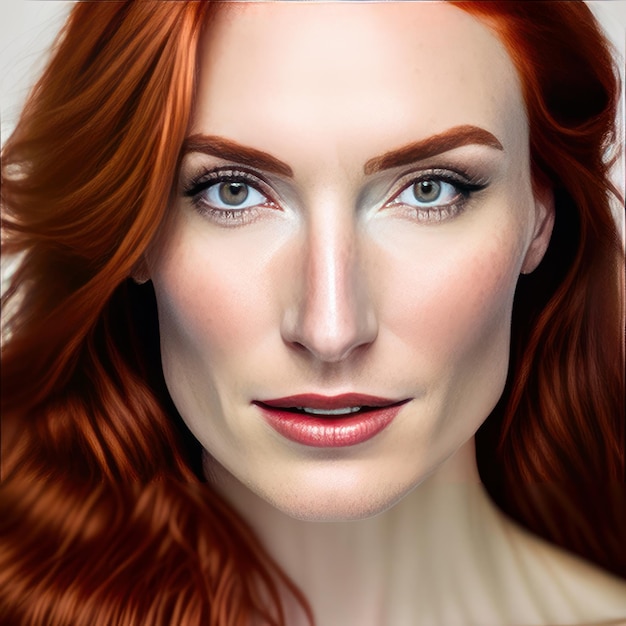 Foto ritratto giovane donna rossa per prodotti di bellezza IA generativa