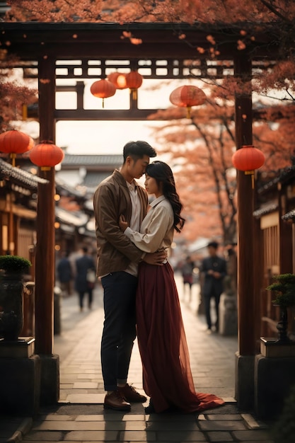foto romantica coppia asiatica a Kyoto in Giappone