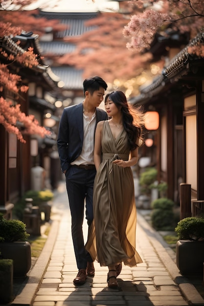 foto romantica coppia asiatica a Kyoto in Giappone