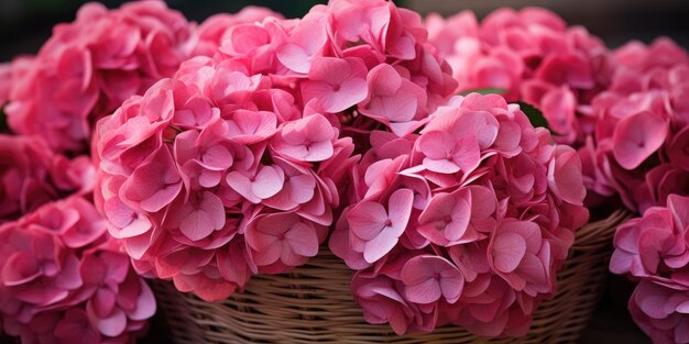 Foto romantica in primo piano di ortensie rosa in un cesto di vimini Foto di alta qualità AI generativa