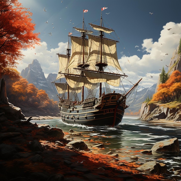 Foto rosso in legno vintage alto veliero caravella nave pirata o nave da guerra in oceano aperto estremo cl