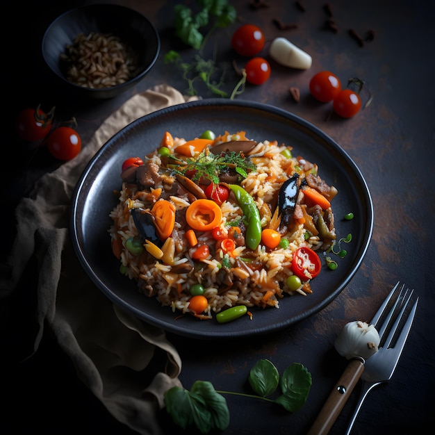 foto salsiccia riso fritto con pomodori, carote e funghi shiitake sul piatto cibo fotografia