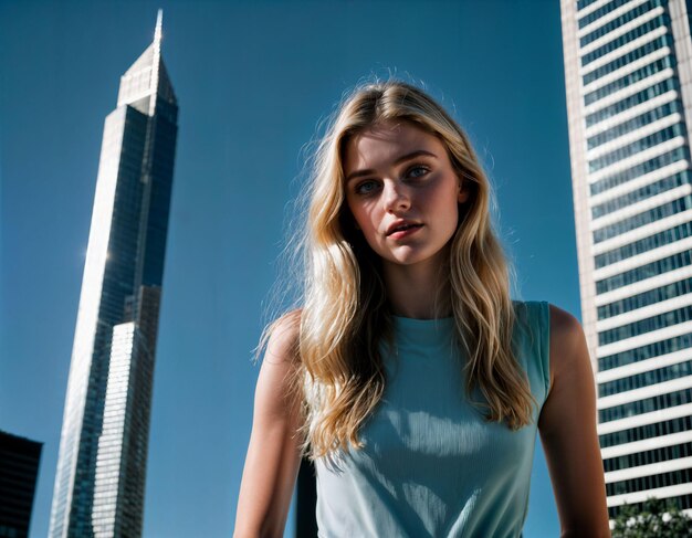 foto scattata da sotto di una bella adolescente in piedi con un alto edificio sullo sfondo generativa AI