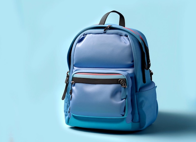 Foto scuola zaino isolato torna a scuola in morbido sfondo blu