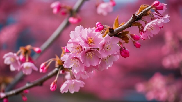 Foto selettiva dei fiori di ciliegio rosa sul ramo con uno sfondo sfocato