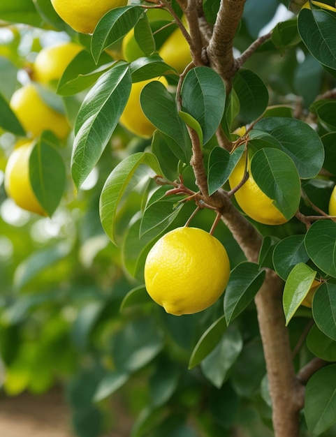 Foto selettiva di un albero di limoni con carta da parati grafica diurna