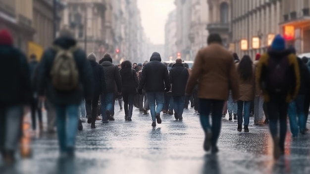 Foto sfocata della folla di persone sulla strada della città